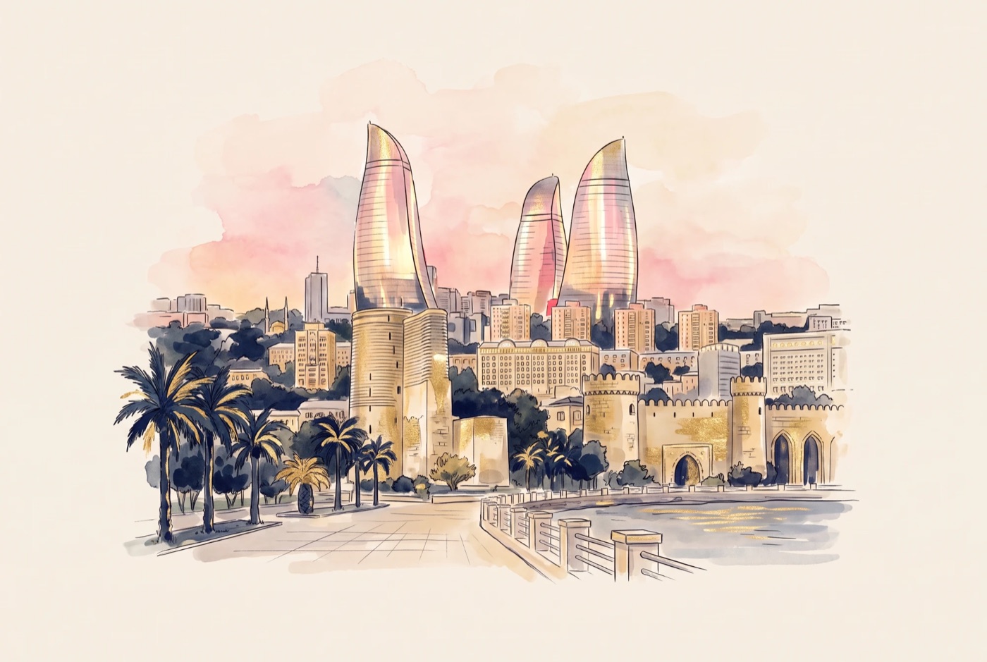 Baku: the Flame Towers, the Maiden Tower and the seafront
