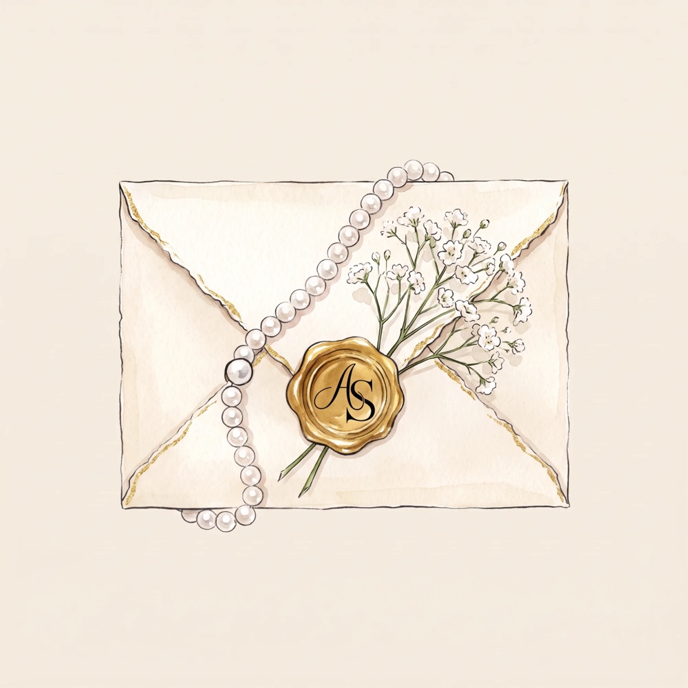 An envelope sealed with the couple's monogram